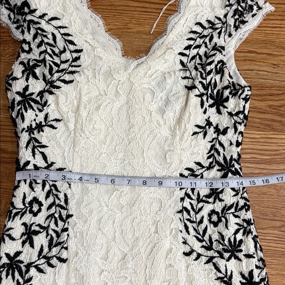 Adrianna Papell White Lace black embroidered sides Midi sheath Dress  V neck 6 - Picture 13 of 16